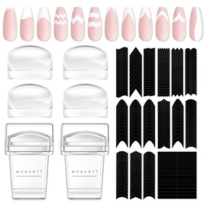 Makartt 12 PCS French Nail Art Stamper Kit,2 PCS Jelly Nail Stamper 4 PCS Silicone Replaceable Stamper Head and 6 Sheets French Manicure Edge Auxiliary Nail Guide Stickers For Gel Polish Design