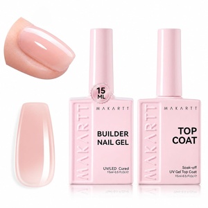 Makartt Builder Base and Top Coat Kit: 2 Pcs 15ml Glossy Top Coat with 8 in 1 Nude Builder Nail Gel for Nail Strengthen Rubber Base Rhinestone Glue, Beginner DIY & Home Manicure, LED Lamp Needed(Nude Nail Builder & Top Coat)