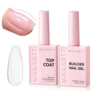 Makartt Builder Base and Top Coat Kit: 2 Pcs 15ml Glossy Top Coat with 8 in 1 Nude Builder Nail Gel for Nail Strengthen Rubber Base Rhinestone Glue, Beginner DIY & Home Manicure, LED Lamp Needed(Clear Nail Builder & Top Coat)