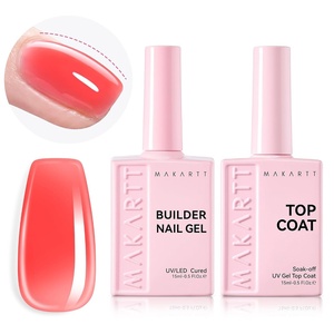 Makartt Builder Base and Top Coat Kit: 2 Pcs 15ml Glossy Top Coat with 8 in 1 Nude Builder Nail Gel for Nail Strengthen Rubber Base Rhinestone Glue, Beginner DIY & Home Manicure, LED Lamp Needed(Pink Nail Builder & Top Coat)
