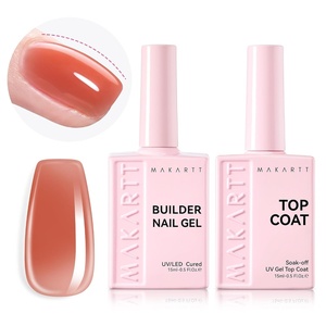Makartt Builder Base and Top Coat Kit: 2 Pcs 15ml Glossy Top Coat with 8 in 1 Nude Builder Nail Gel for Nail Strengthen Rubber Base Rhinestone Glue, Beginner DIY & Home Manicure, LED Lamp Needed(Nude Brown Nail Builder & Top Coat)