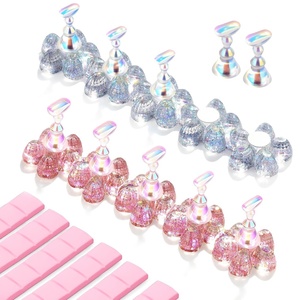 Makartt Nail Stand: Clear Nail Holder for Painting Nails DIY, Magnetic Press on Stand for Art Display Practice, Clear Glitter Flower Fake Holder for Home Salon with Reusable Adhesive Putty(Holo Clear Pink Stands with Flower Base)