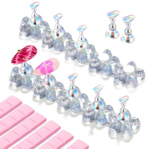 Makartt Nail Stand: Clear Nail Holder for Painting Nails DIY, Magnetic Press on Stand for Art Display Practice, Clear Glitter Flower Fake Holder for Home Salon with Reusable Adhesive Putty(Holo Clear Stands with Flower Base)
