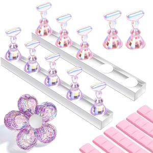 Makartt Nail Stand: Clear Nail Holder for Painting Nails DIY, Magnetic Press on Stand for Art Display Practice, Clear Glitter Flower Fake Holder for Home Salon with Reusable Adhesive Putty(Holo Pink Purple Stands with Clear Base)