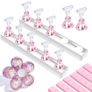 Makartt Nail Stand: Clear Nail Holder for Painting Nails DIY, Magnetic Press on Stand for Art Display Practice, Clear Glitter Flower Fake Holder for Home Salon with Reusable Adhesive Putty(Holo Pink Stands with Clear Base)
