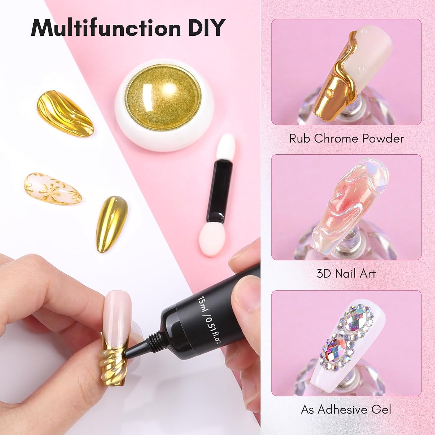 image:imageMakartt 3D Gel Nail Art Sculpting Gel Glue for Drawing Molding Sculpture Gems and Decoration No Wipe Clear Gel Polish for DIY Nail Designs 15gA04Clear 3D Nail Gel Gold Chrome Nail Powder