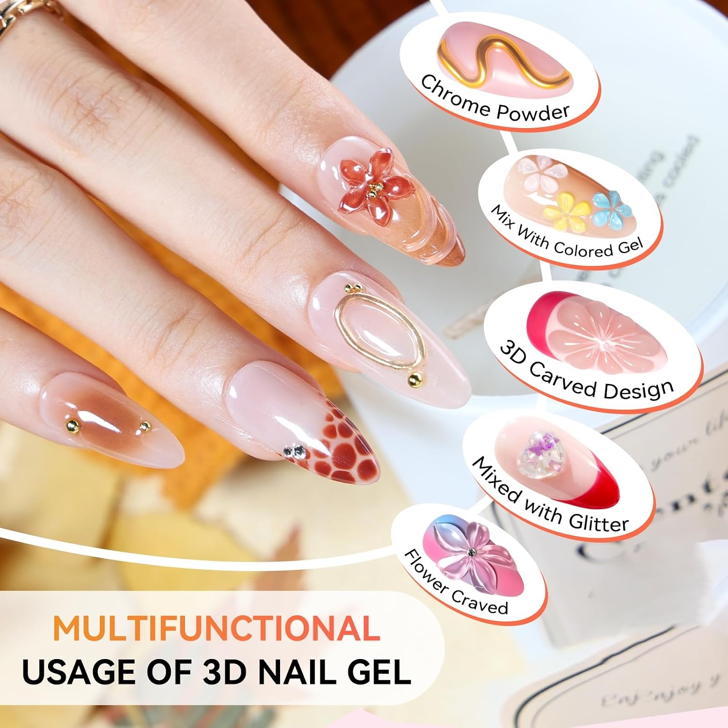 image:imageMakartt 3D Gel Nail Art Sculpting Gel Glue for Drawing Molding Sculpture Gems and Decoration No Wipe Clear Gel Polish for DIY Nail Designs 15gA14Clear Blooming Gel 3D Gel