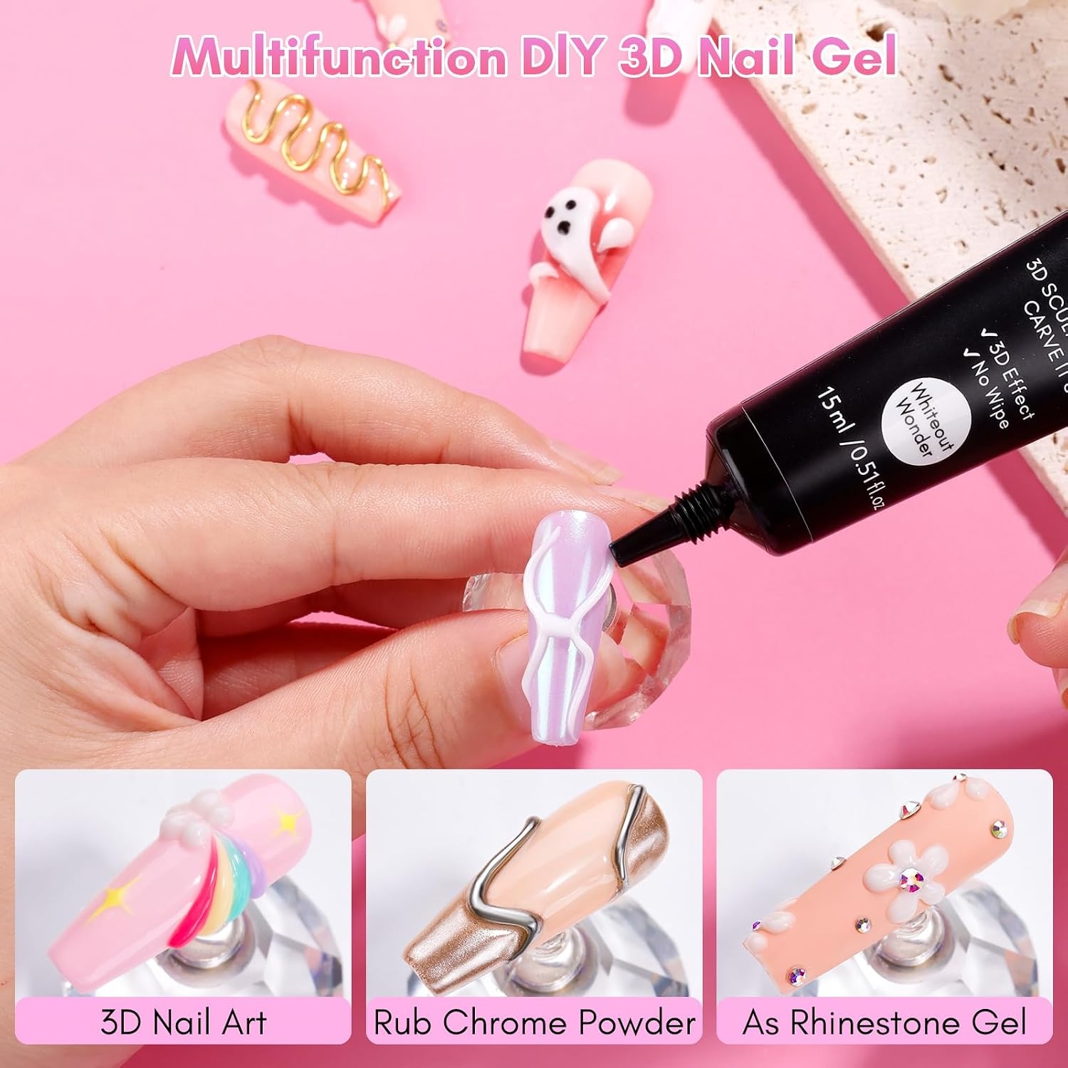 image:imageMakartt Blooming Gel amp 3D Gel Nail Art Kit Clear DIY Nail Art Supplies for Watercolor Marble Spreading Effect amp 3D Drawing Molding Sculpture Gems and Decoration UV LED Soak Off 15mlA06Whiteout Wonder