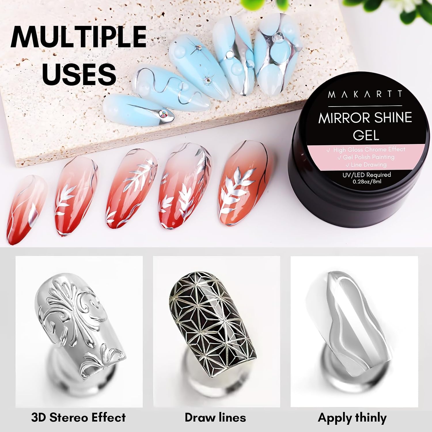 image:imageMakartt Chrome Gel Nail Polish 8ml Metallic Gel Nail Polish Gold 3D Metal Painting Gel for Nail Art Soak off UVLED Glossy Mirror Effect Nail Glue Gel for Home Salon DIY ManicureSilver Mirror Shine Gel