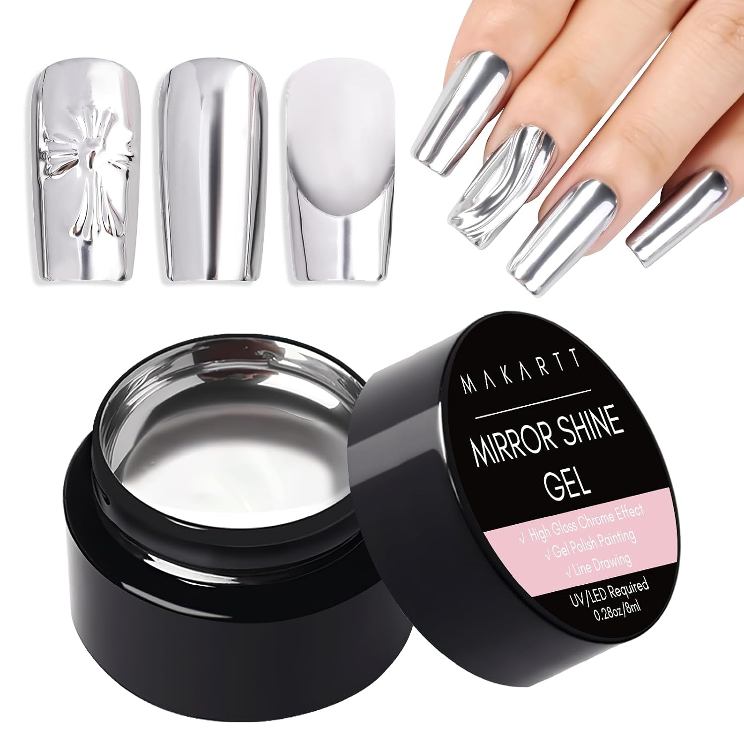 image:imageMakartt Chrome Gel Nail Polish 8ml Metallic Gel Nail Polish Gold 3D Metal Painting Gel for Nail Art Soak off UVLED Glossy Mirror Effect Nail Glue Gel for Home Salon DIY ManicureSilver Mirror Shine Gel