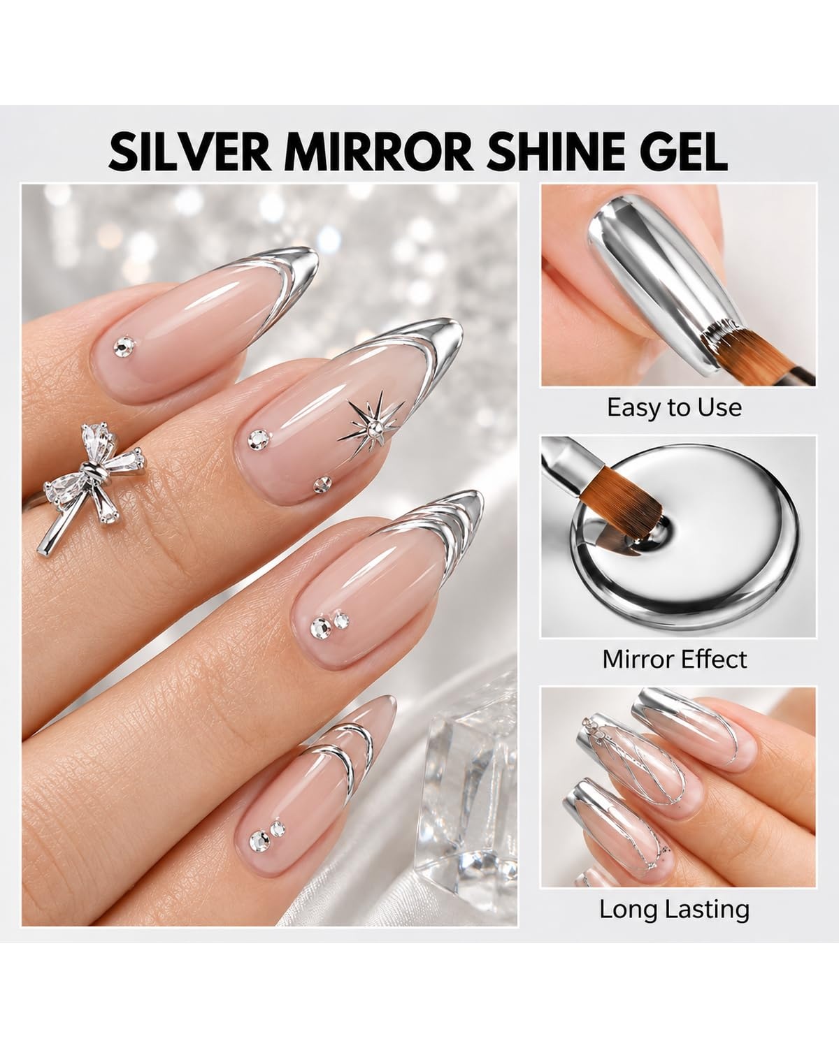image:imageMakartt Chrome Gel Nail Polish 8ml Metallic Gel Nail Polish Gold 3D Metal Painting Gel for Nail Art Soak off UVLED Glossy Mirror Effect Nail Glue Gel for Home Salon DIY ManicureSilver Mirror Shine Gel