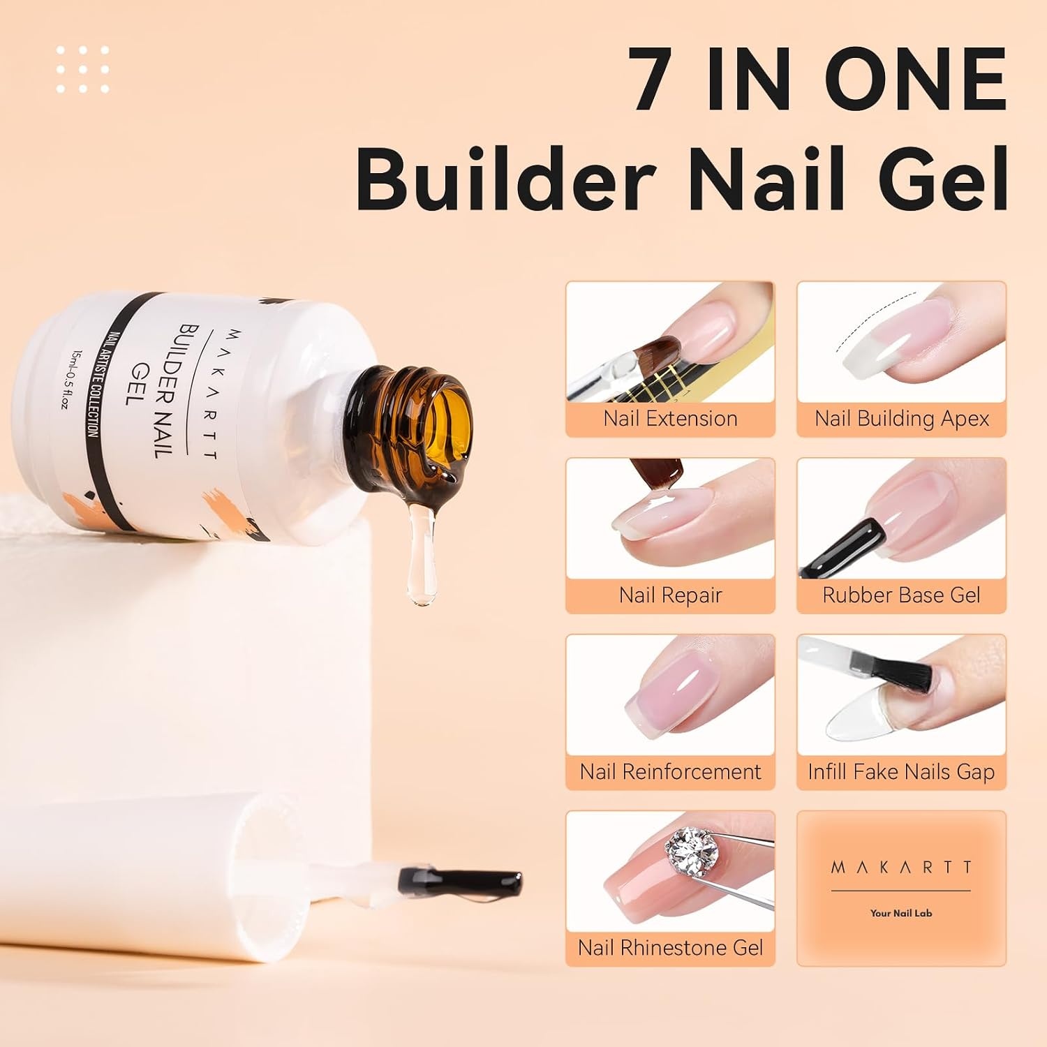 image:imageMakartt Clear Builder Nail Gel 7 in 1 Gel Nail Polish Rubber Base Coat Hard UV Light Strengthener Extension Thickening Rhinestone Soak Off Builder for Broken Nails Repair 1 Bottle 15mlA01Clear