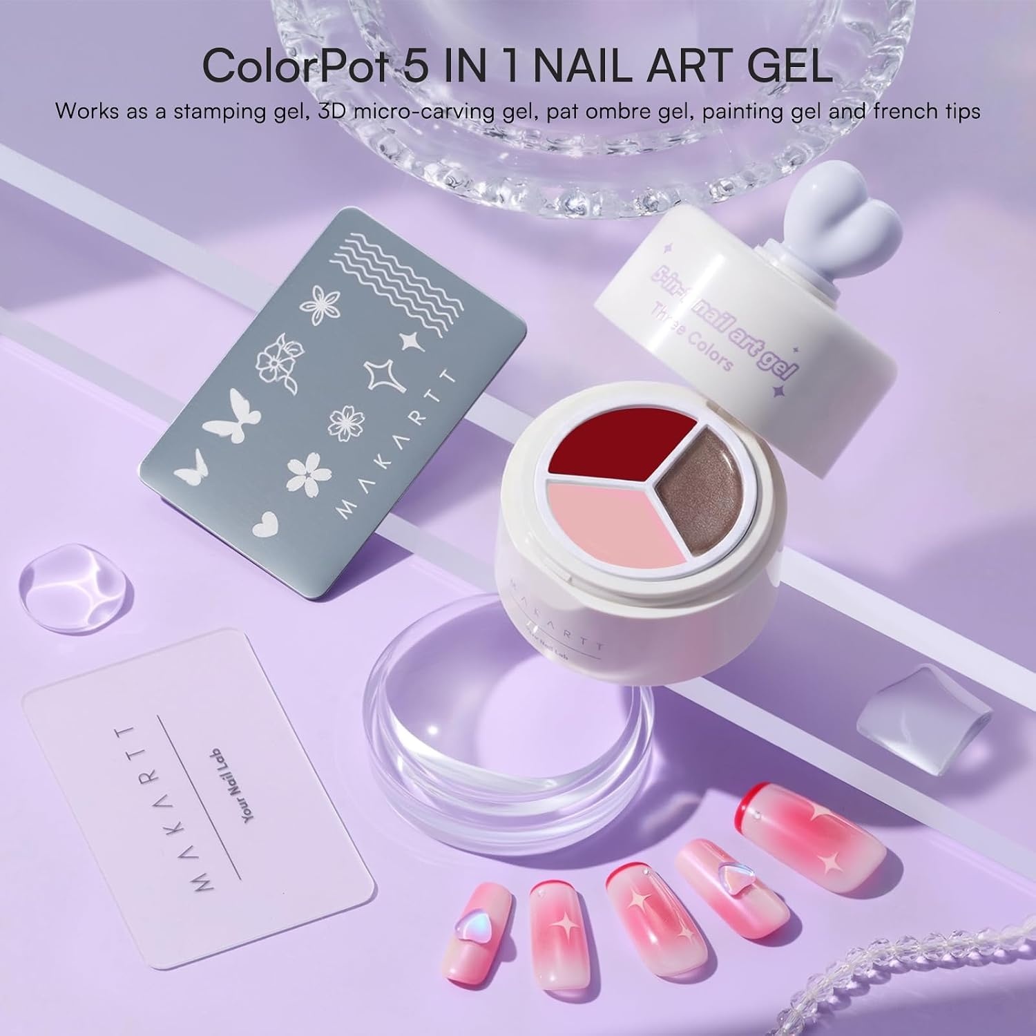 image:imageMakartt ColorPot 5in1 Nail Art Gel 3 Colors Gel Nail Polish No Wipe with Nail Stamp for Stamping Ombre Patting Painting Sculpting amp French Tips with Silicone Head for Manicure Home DIY SalonBerry Ribbon