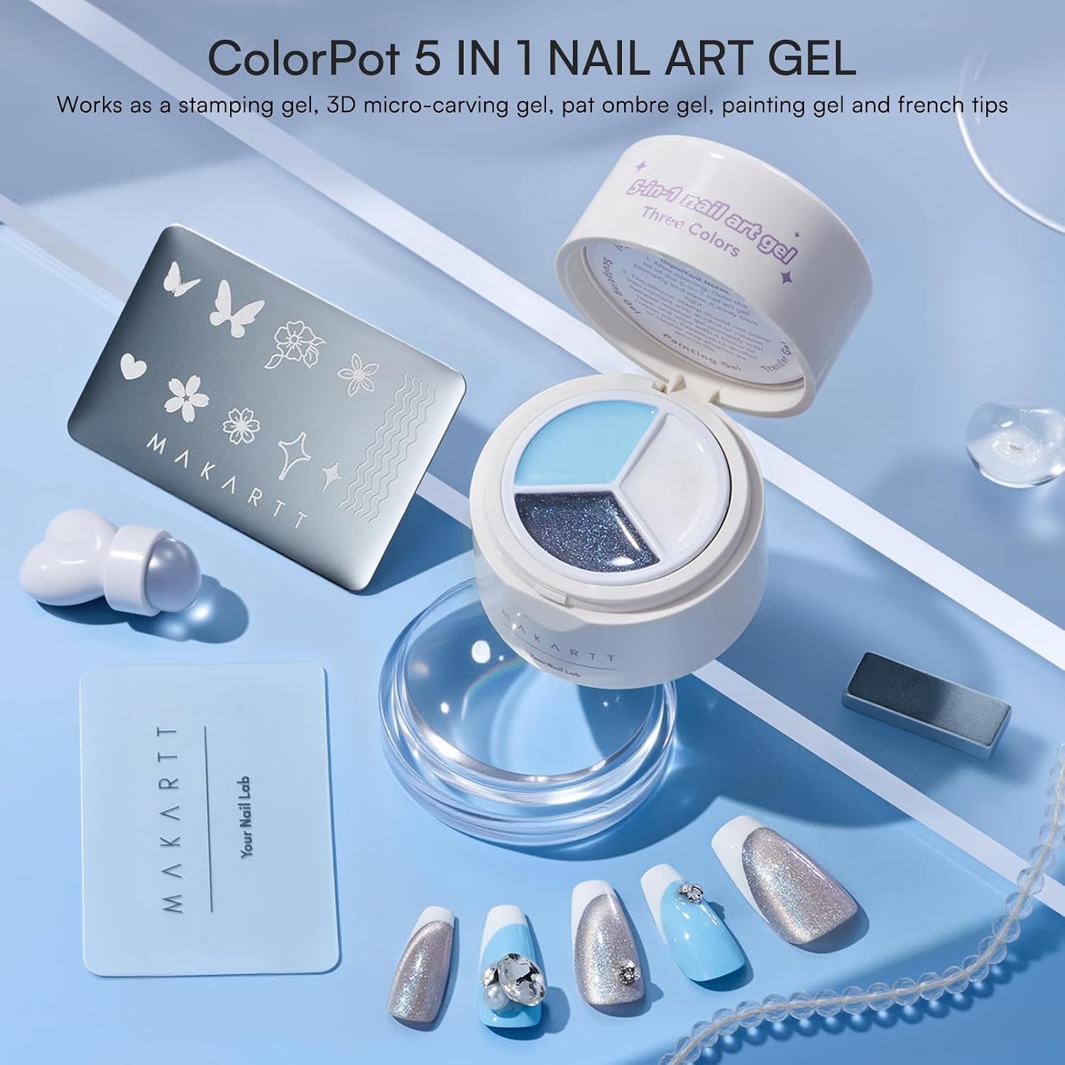 image:imageMakartt ColorPot 5in1 Nail Art Gel 3 Colors Gel Nail Polish No Wipe with Nail Stamp for Stamping Ombre Patting Painting Sculpting amp French Tips with Silicone Head for Manicure Home DIY SalonFrosty Blend