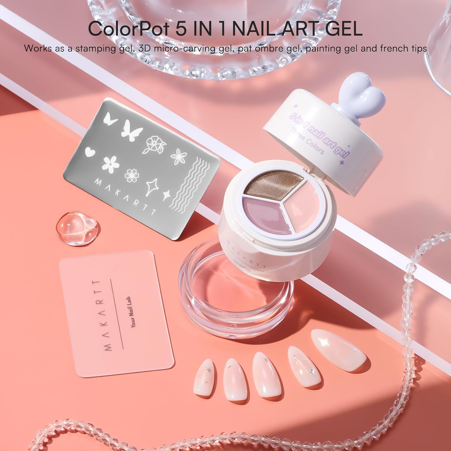 image:imageMakartt ColorPot 5in1 Nail Art Gel 3 Colors Gel Nail Polish No Wipe with Nail Stamp for Stamping Ombre Patting Painting Sculpting amp French Tips with Silicone Head for Manicure Home DIY SalonPetal Veil
