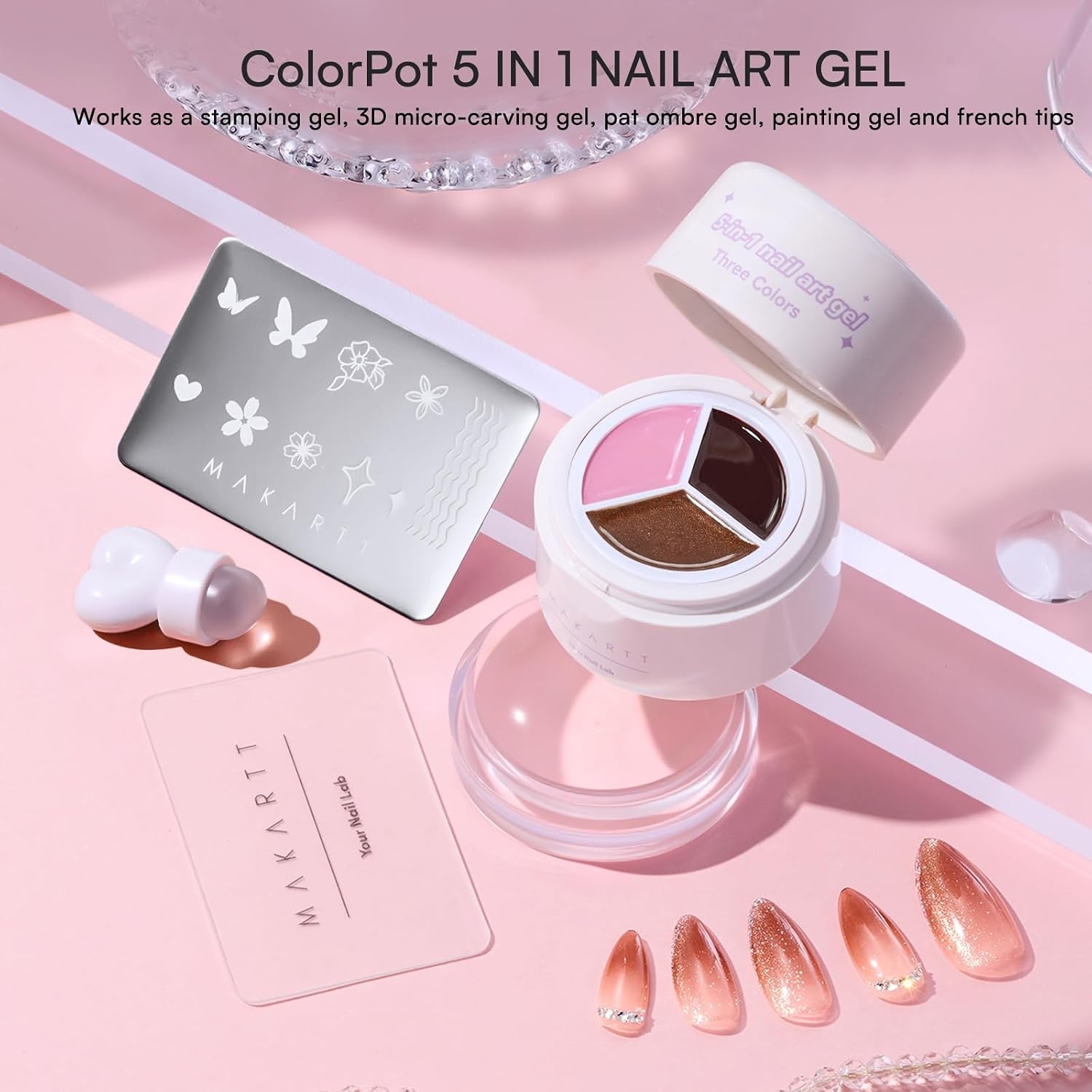 image:imageMakartt ColorPot 5in1 Nail Art Gel 3 Colors Gel Nail Polish No Wipe with Nail Stamp for Stamping Ombre Patting Painting Sculpting amp French Tips with Silicone Head for Manicure Home DIY SalonPeachy Cocoa