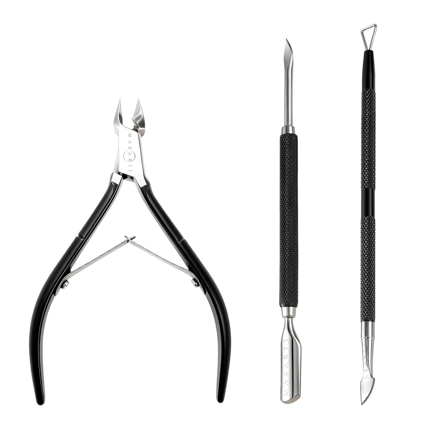 image:imageMakartt Cuticle Trimmer with Cuticle Pusher Silver Nail Trimmer Nail Care Manicure and Pedicure Kit with Stainless Steel Cuticle Nipper and Dual End Nail Pushers for Home Salon Use Pack of 3 PCSBlack3pcs