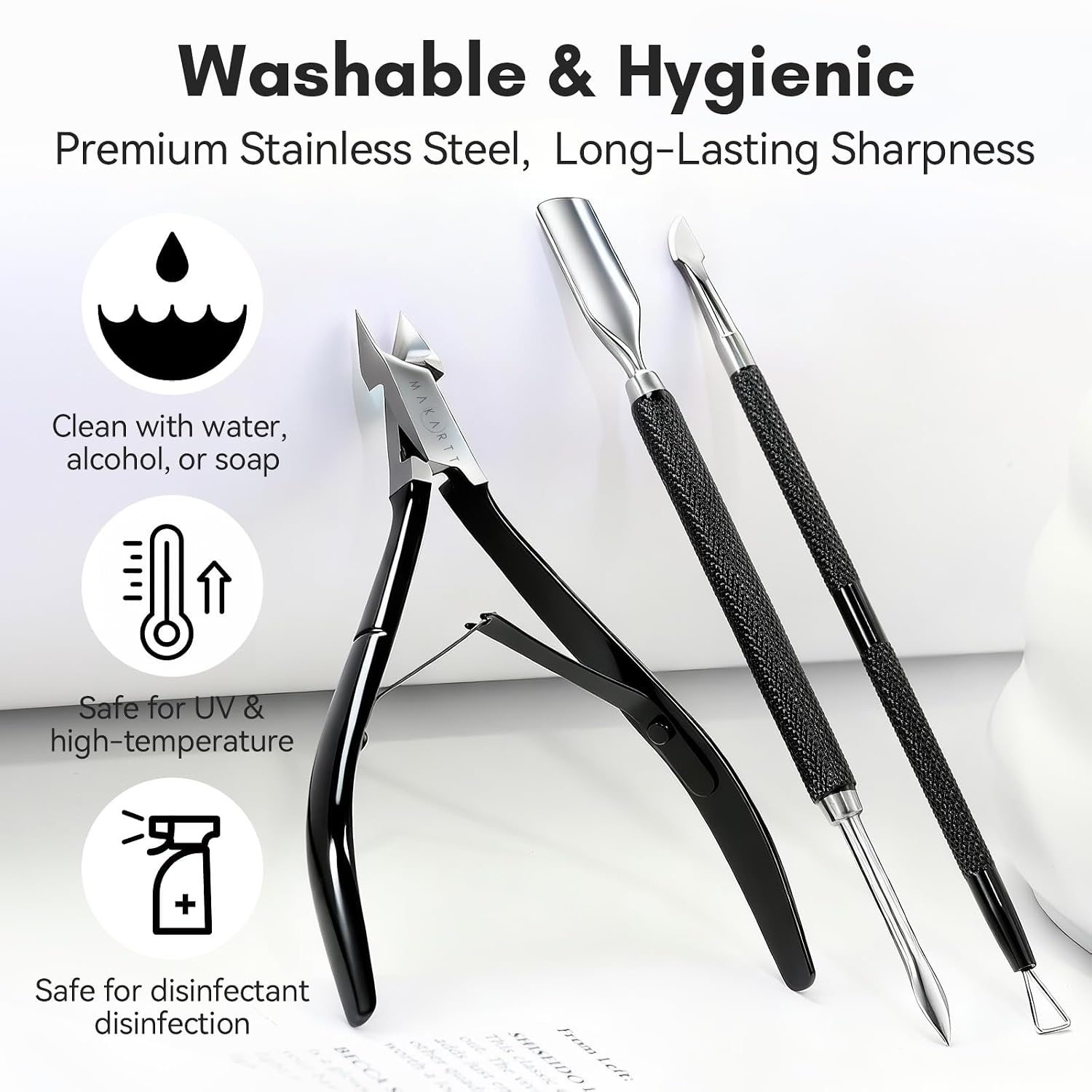 image:imageMakartt Cuticle Trimmer with Cuticle Pusher Silver Nail Trimmer Nail Care Manicure and Pedicure Kit with Stainless Steel Cuticle Nipper and Dual End Nail Pushers for Home Salon Use Pack of 3 PCSBlack3pcs