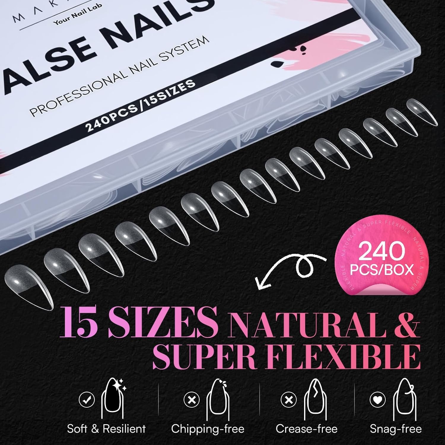 image:imageMakartt Extra Short Almond Nail Tips 240PCS 15 Sizes Half Matte Clear Fake Nails Full Cover Soft Acrylic Press On Nail Extensions Supplies Salon and Home DIY for Flat amp Natural Nail Beds240 PCSMedium Stiletto Almond