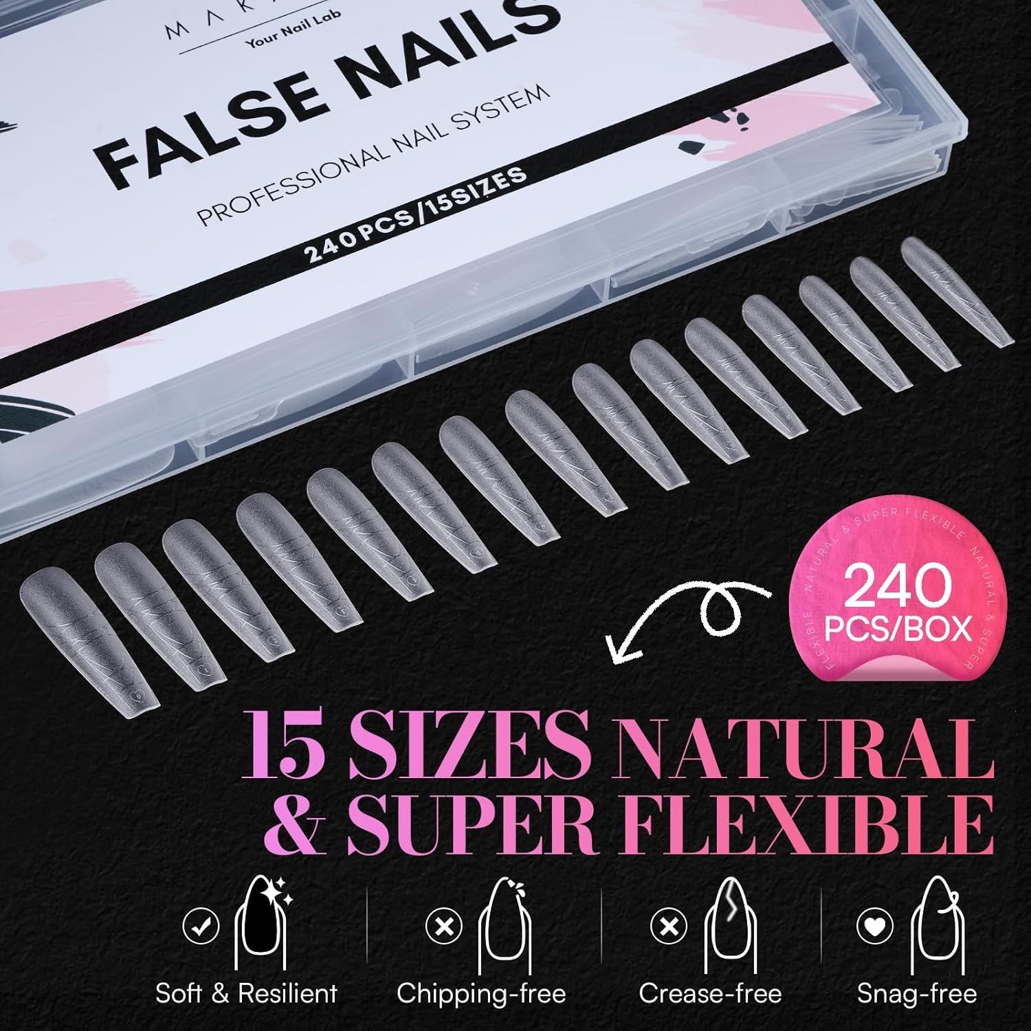 image:imageMakartt Extra Short Almond Nail Tips 240PCS 15 Sizes Half Matte Clear Fake Nails Full Cover Soft Acrylic Press On Nail Extensions Supplies Salon and Home DIY for Flat amp Natural Nail Beds240 PCSXXL Coffin
