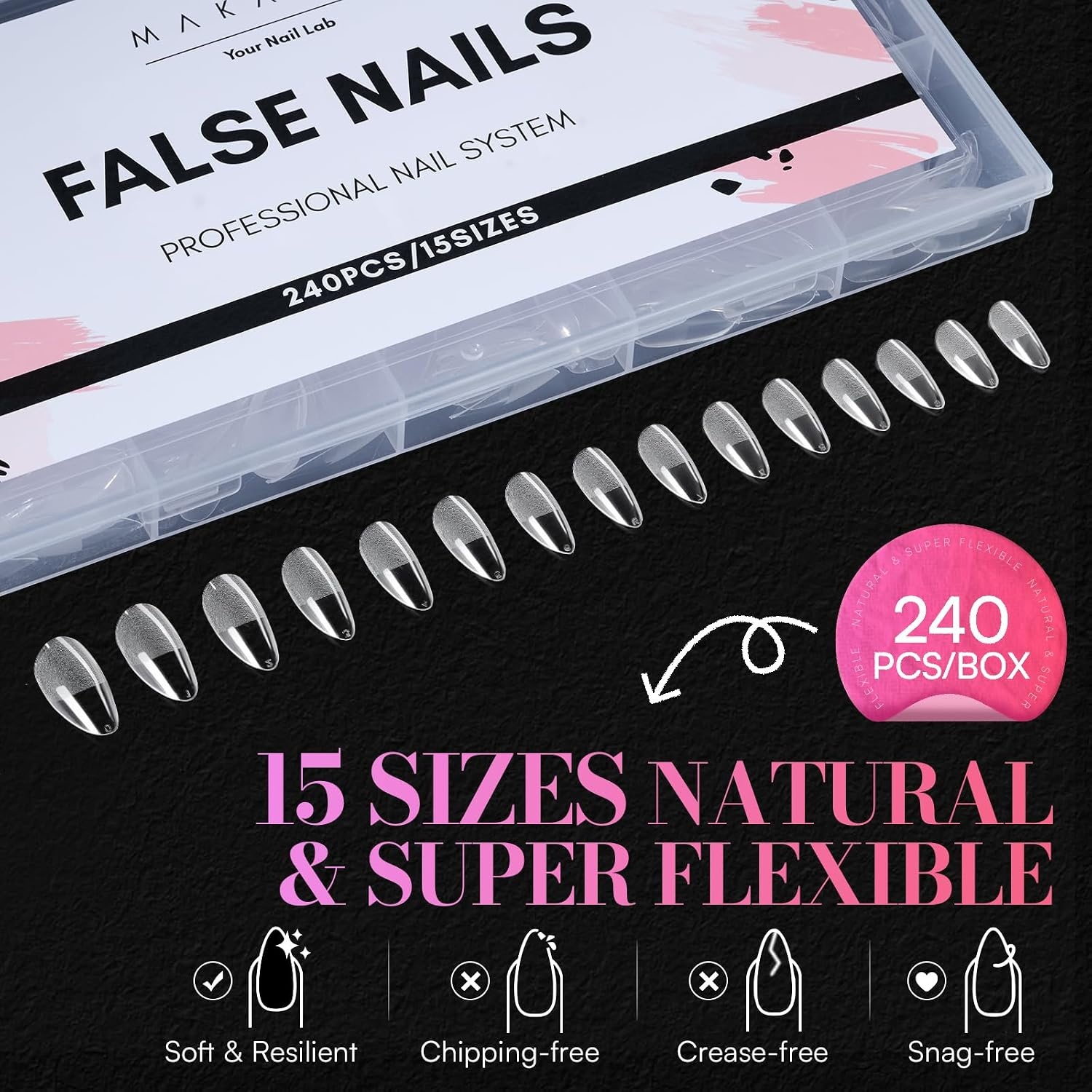 image:imageMakartt Extra Short Almond Nail Tips 240PCS 15 Sizes Half Matte Clear Fake Nails Full Cover Soft Acrylic Press On Nail Extensions Supplies Salon and Home DIY for Flat amp Natural Nail Beds240 PCSMedium Almond