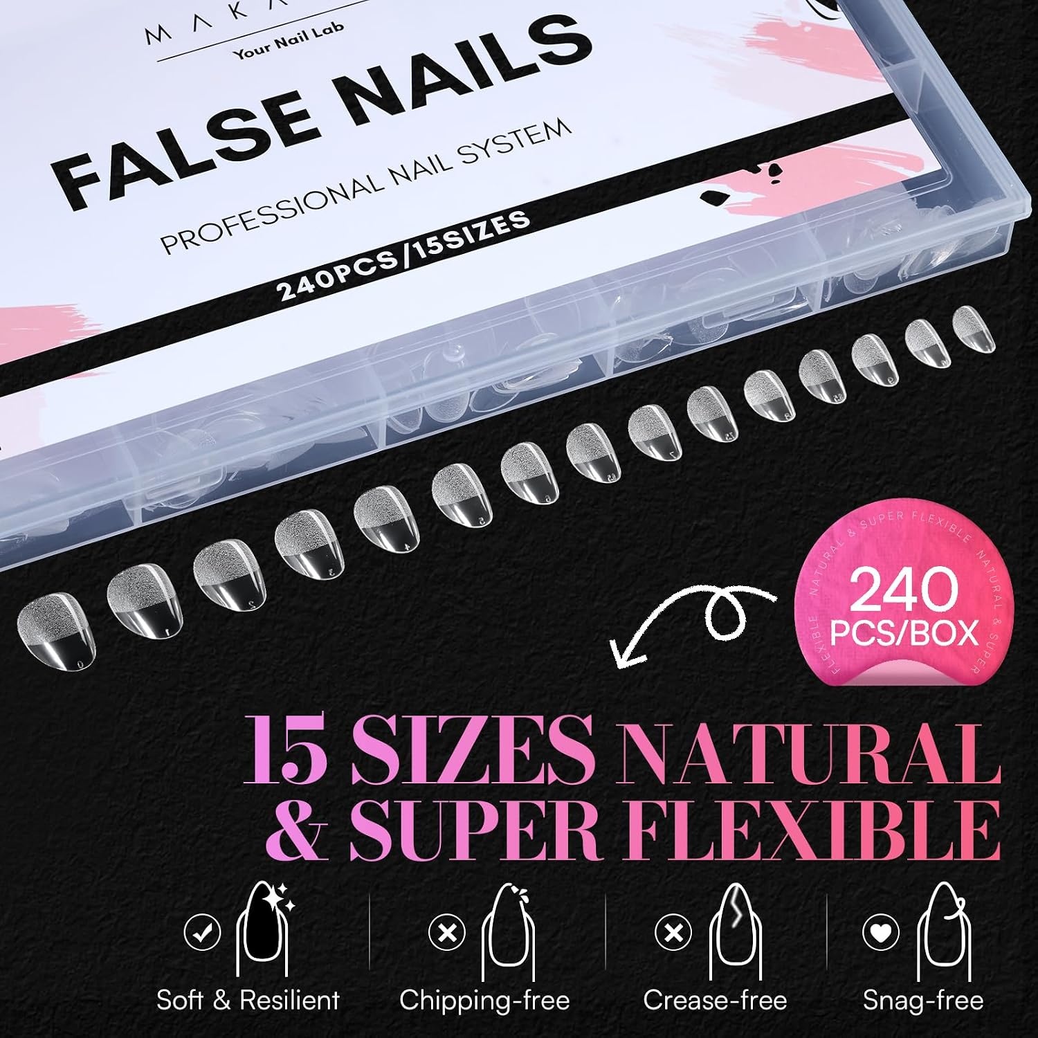 image:imageMakartt Extra Short Almond Nail Tips 240PCS 15 Sizes Half Matte Clear Fake Nails Full Cover Soft Acrylic Press On Nail Extensions Supplies Salon and Home DIY for Flat amp Natural Nail Beds240 PCSExtra Short Almond