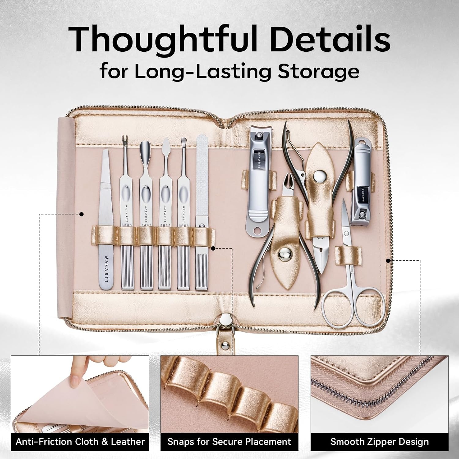 image:imageMakartt Manicure Kit Professional Nail Care Clippers Set 11 pcs Stainless Steel Tavel Women Men Fingernail Grooming Tool with Portable Brown Leather CaseRosy Gold