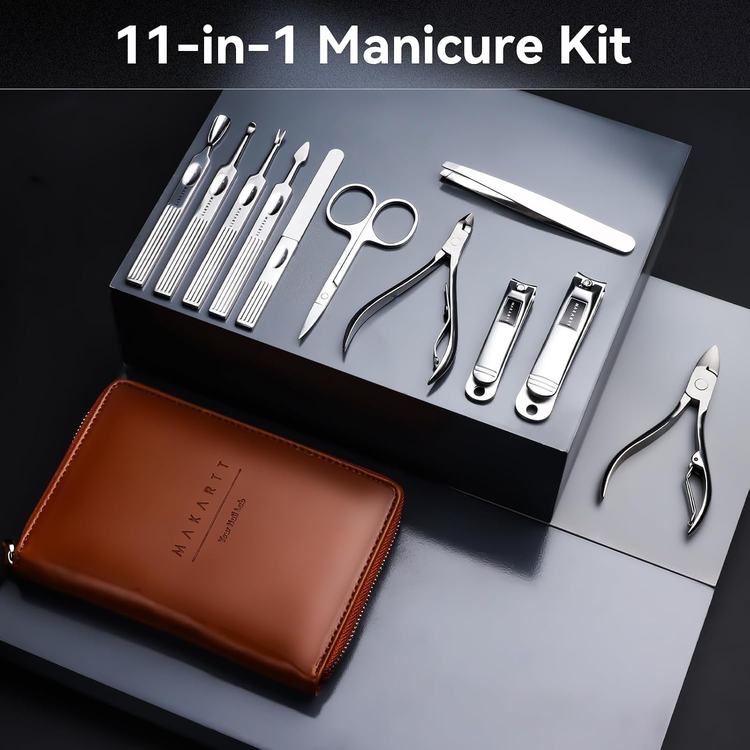image:imageMakartt Manicure Kit Professional Nail Care Clippers Set 11 pcs Stainless Steel Tavel Women Men Fingernail Grooming Tool with Portable Brown Leather CaseBrown
