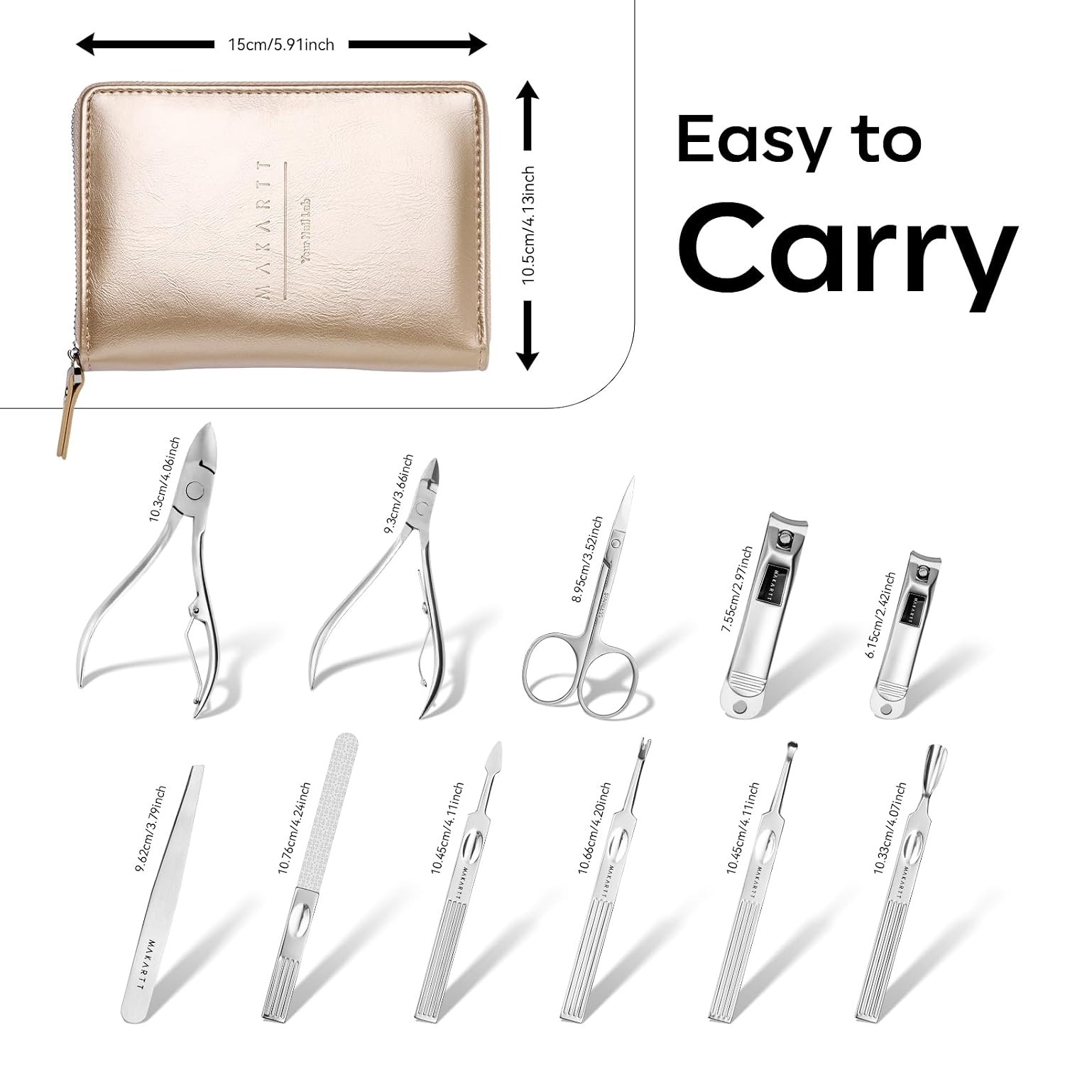 image:imageMakartt Manicure Kit Professional Nail Care Clippers Set 11 pcs Stainless Steel Tavel Women Men Fingernail Grooming Tool with Portable Brown Leather CaseRosy Gold