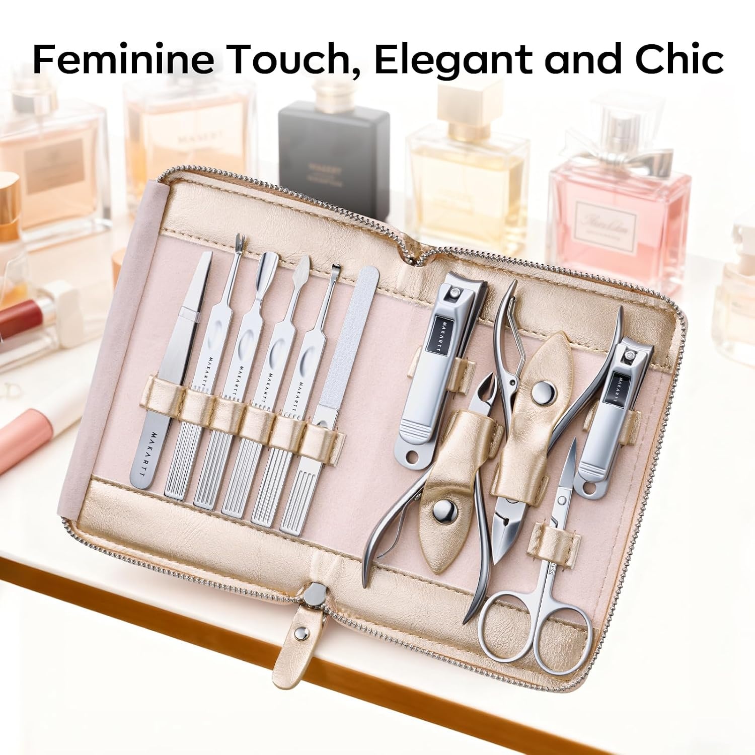 image:imageMakartt Manicure Kit Professional Nail Care Clippers Set 11 pcs Stainless Steel Tavel Women Men Fingernail Grooming Tool with Portable Brown Leather CaseRosy Gold