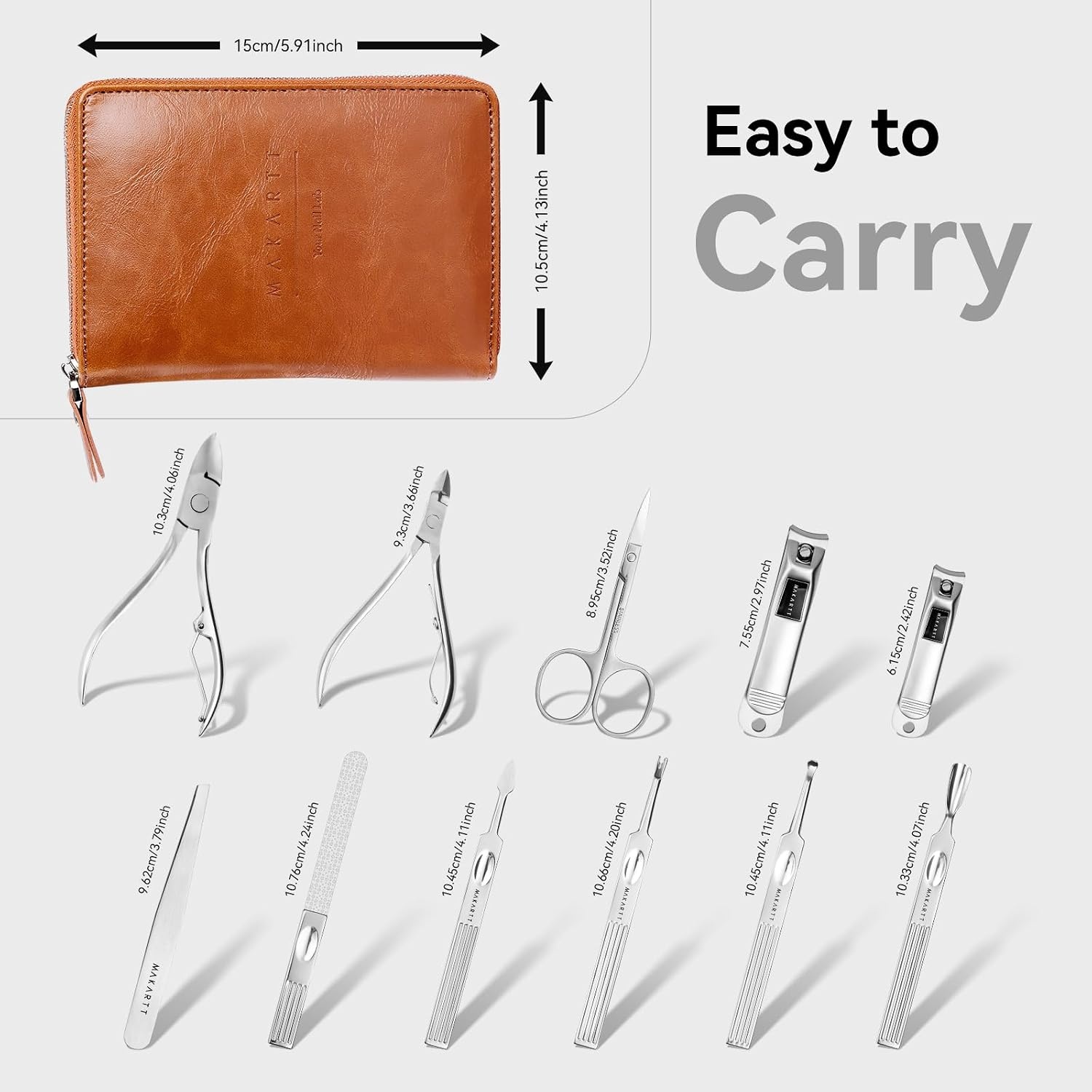 image:imageMakartt Manicure Kit Professional Nail Care Clippers Set 11 pcs Stainless Steel Tavel Women Men Fingernail Grooming Tool with Portable Brown Leather CaseBrown