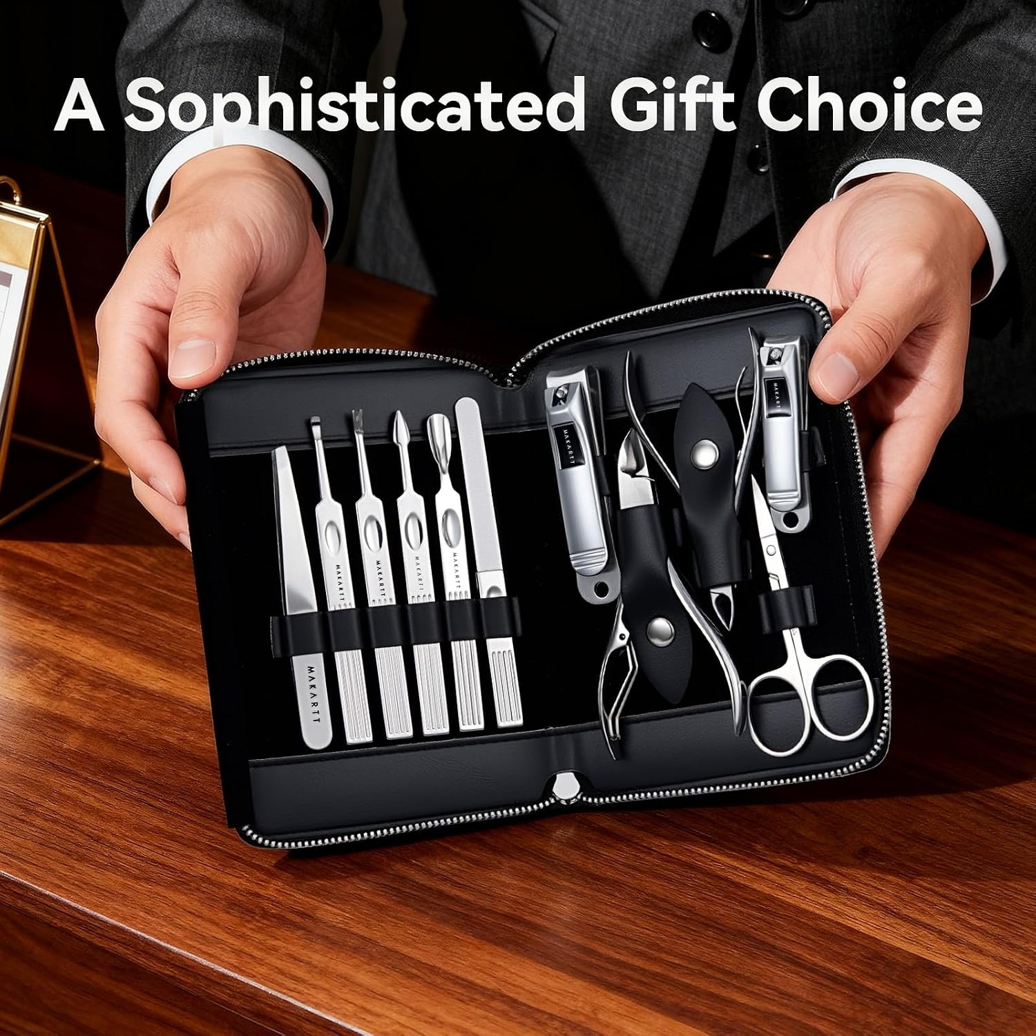 image:imageMakartt Manicure Kit Professional Nail Care Clippers Set 11 pcs Stainless Steel Tavel Women Men Fingernail Grooming Tool with Portable Brown Leather CaseBlack