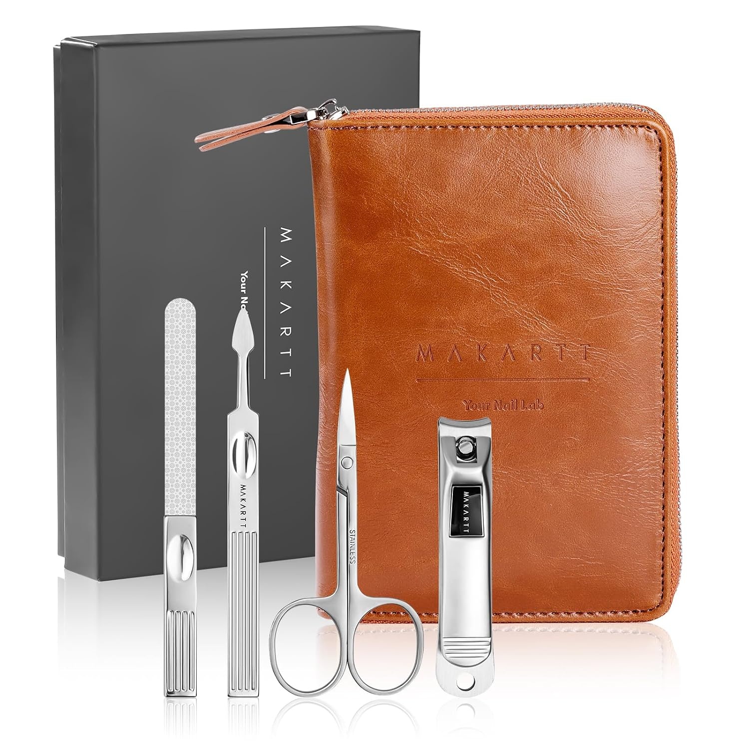image:imageMakartt Manicure Kit Professional Nail Care Clippers Set 11 pcs Stainless Steel Tavel Women Men Fingernail Grooming Tool with Portable Brown Leather CaseBrown