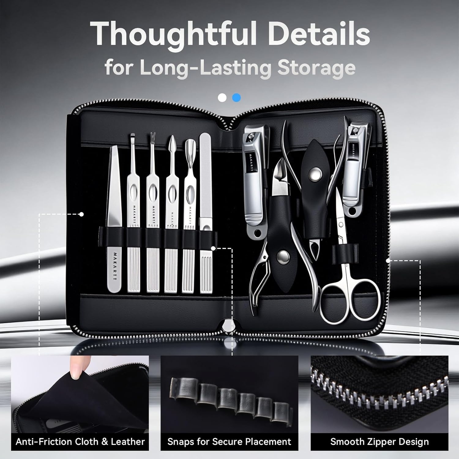 image:imageMakartt Manicure Kit Professional Nail Care Clippers Set 11 pcs Stainless Steel Tavel Women Men Fingernail Grooming Tool with Portable Brown Leather CaseBlack
