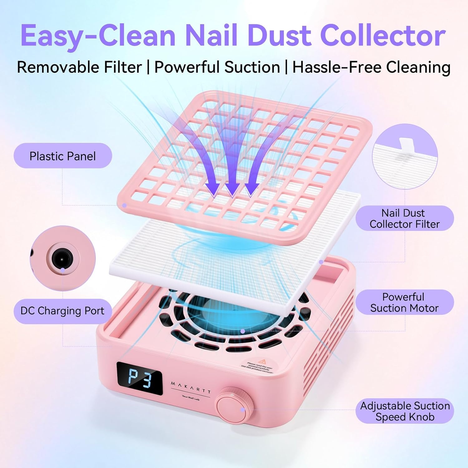 image:imageMakartt Nail Dust Collector Plugin 60W Dual Turbine Dust Extractor with 5200RPM Adjustable Suction Reusable Filter Nail Vacuum for Acrylic Gel Dip Powder Salon Home Use SylvieDust Collector Pink