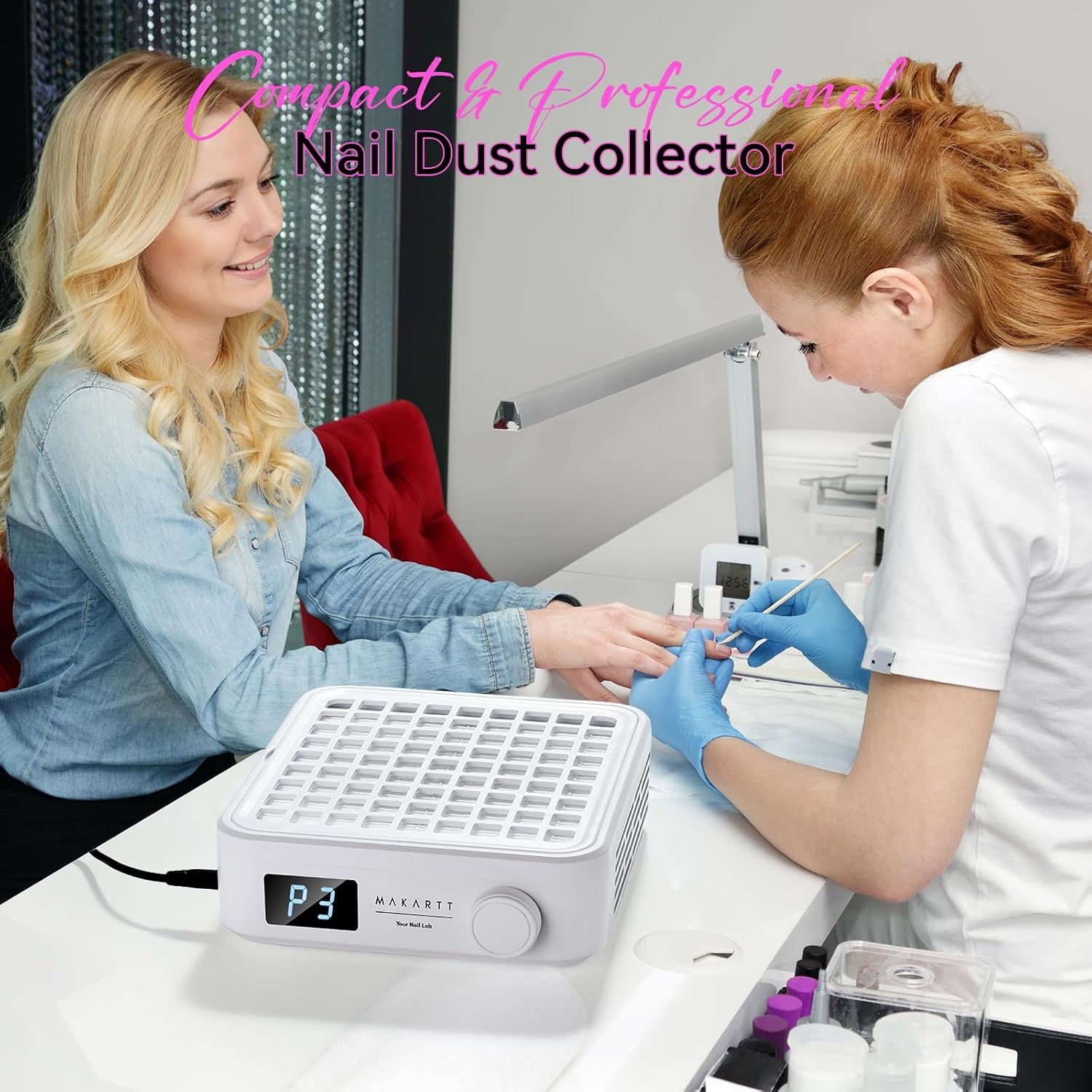 image:imageMakartt Nail Dust Collector Plugin 60W Dual Turbine Dust Extractor with 5200RPM Adjustable Suction Reusable Filter Nail Vacuum for Acrylic Gel Dip Powder Salon Home Use SylvieDust Collector White