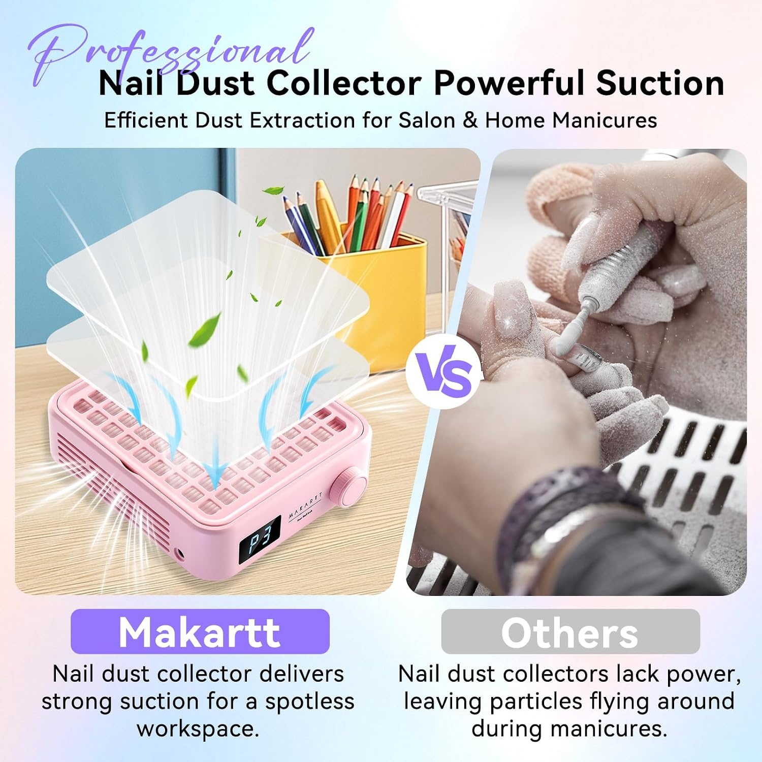image:imageMakartt Nail Dust Collector Plugin 60W Dual Turbine Dust Extractor with 5200RPM Adjustable Suction Reusable Filter Nail Vacuum for Acrylic Gel Dip Powder Salon Home Use SylvieDust Collector Pink