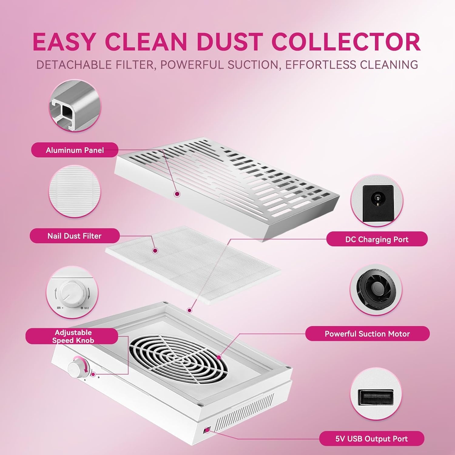 image:imageMakartt Nail Dust Collector Plugin 60W Dual Turbine Dust Extractor with 5200RPM Adjustable Suction Reusable Filter Nail Vacuum for Acrylic Gel Dip Powder Salon Home Use SylvieRechargeable Nail Dust Collectorsymphonee