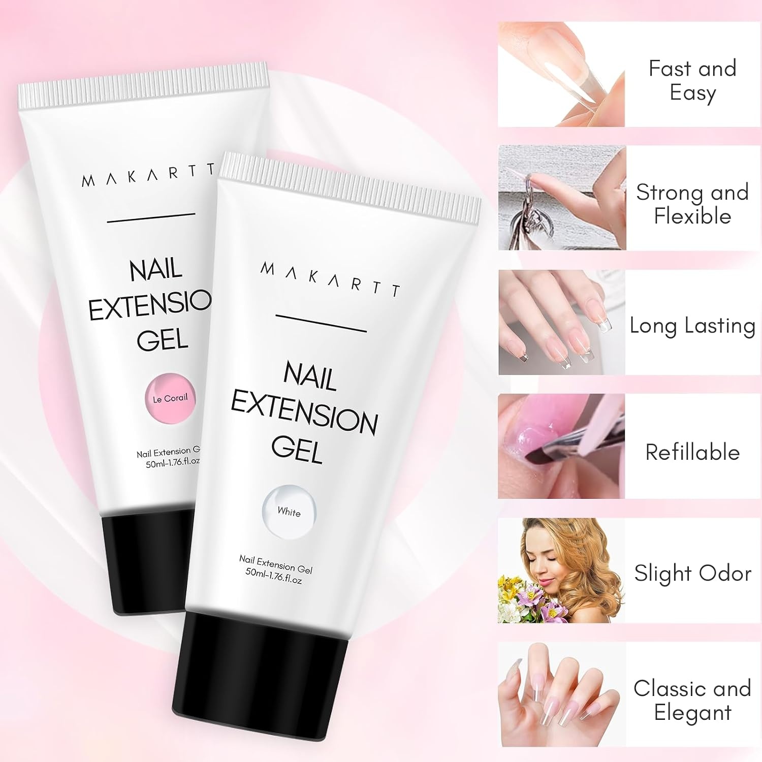 image:imageMakartt Poly Nail Gel Kit 2PCs 50ML Clear amp Nature Pink Colors Large Capacity Poly Extension Nail Gel Kit Strong Builder for Extension 3D Diy Hard Gels Manicures Home Salon2 Colors White and Pink
