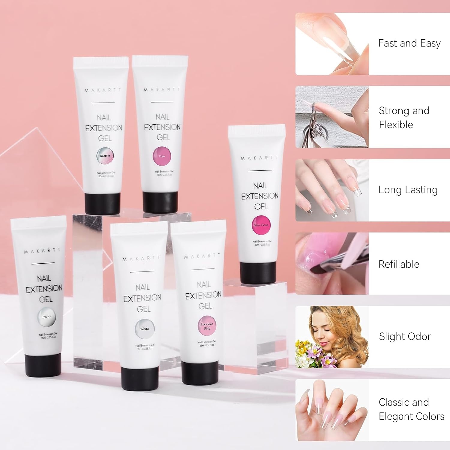 image:imageMakartt Poly Nail Gel Set 6 Colors Kit Strong Builder for Extension Overlay Strengthener 3D Diy Multifunctional Longlasting for Nails French Manicures Home Salon 15ML Clear White 4 Pink ShadesPink Series Colors