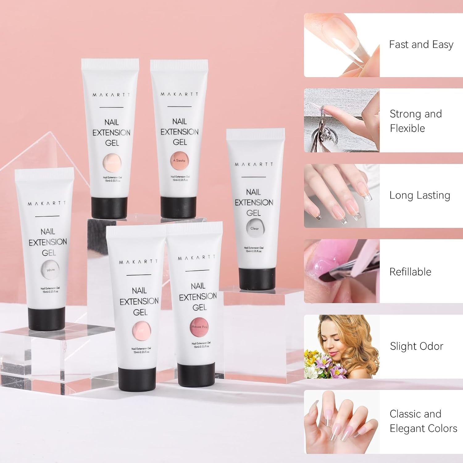 image:imageMakartt Poly Nail Gel Set 6 Colors Kit Strong Builder for Extension Overlay Strengthener 3D Diy Multifunctional Longlasting for Nails French Manicures Home Salon 15ML Clear White 4 Pink ShadesClear Nude Pink Colors