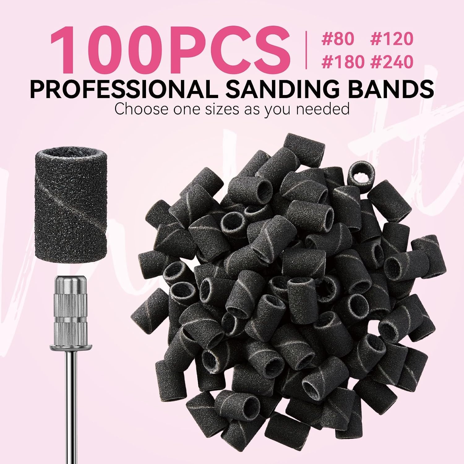 image:imageMakartt Sanding Bands for Nail Drill 100 Pcs Nail File Sanding Bands for Drill Bits 120 Medium Grits for Acrylic Nails Gel Removing and Shaping Upgrade Thicker Durable Sanding Drill Bit PinkBlack