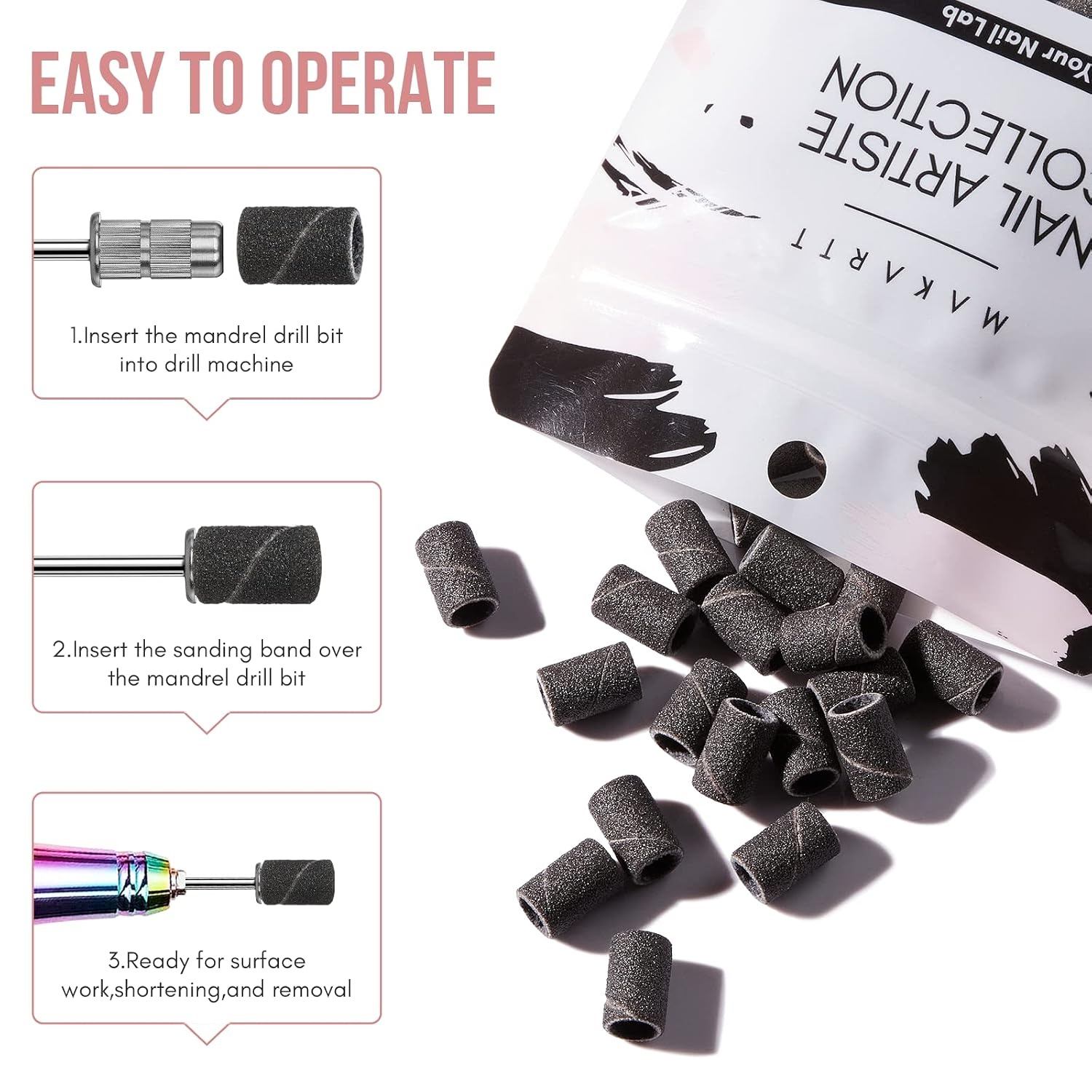 image:imageMakartt Sanding Bands for Nail Drill 100 Pcs Nail File Sanding Bands for Drill Bits 120 Medium Grits for Acrylic Nails Gel Removing and Shaping Upgrade Thicker Durable Sanding Drill Bit PinkBlack