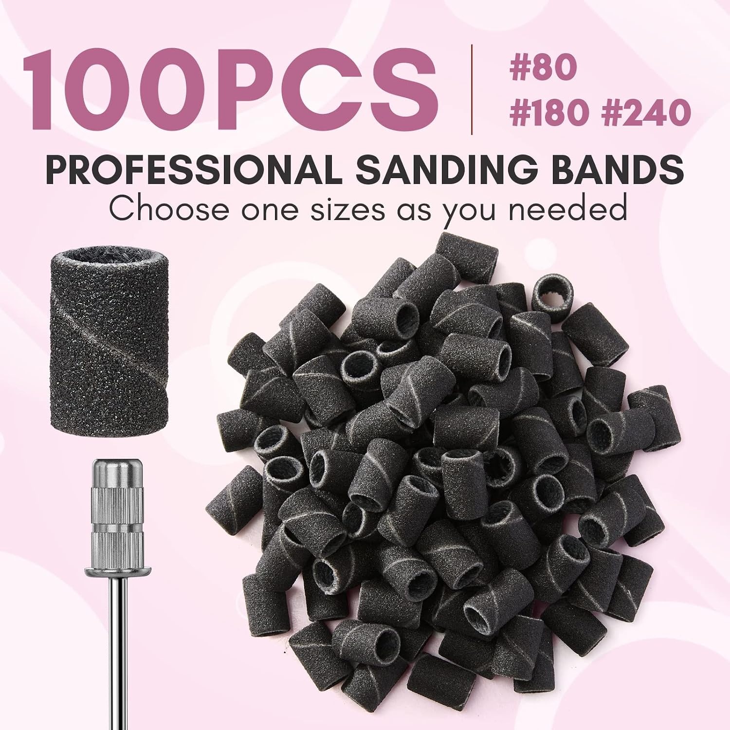 image:imageMakartt Sanding Bands for Nail Drill 100 Pcs Nail File Sanding Bands for Drill Bits 120 Medium Grits for Acrylic Nails Gel Removing and Shaping Upgrade Thicker Durable Sanding Drill Bit PinkBlack