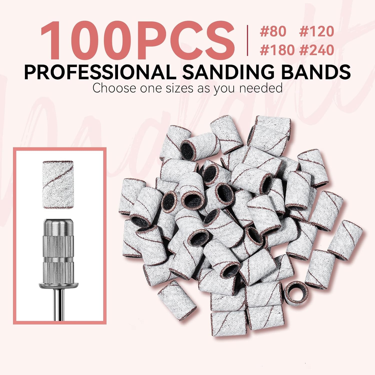 image:imageMakartt Sanding Bands for Nail Drill 100 Pcs Nail File Sanding Bands for Drill Bits 120 Medium Grits for Acrylic Nails Gel Removing and Shaping Upgrade Thicker Durable Sanding Drill Bit PinkWhite