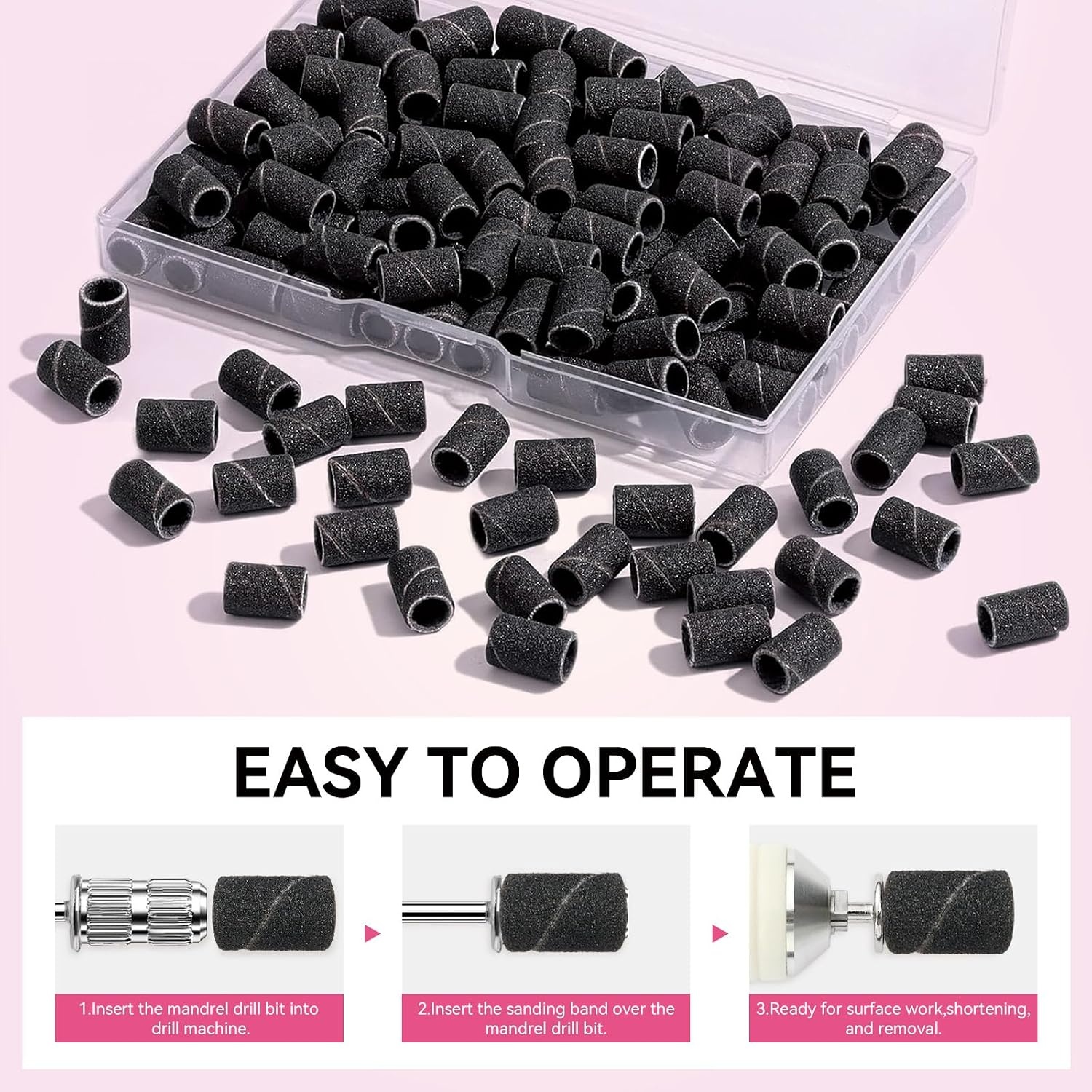 image:imageMakartt Sanding Bands for Nail Drill 100 Pcs Nail File Sanding Bands for Drill Bits 120 Medium Grits for Acrylic Nails Gel Removing and Shaping Upgrade Thicker Durable Sanding Drill Bit PinkBlack