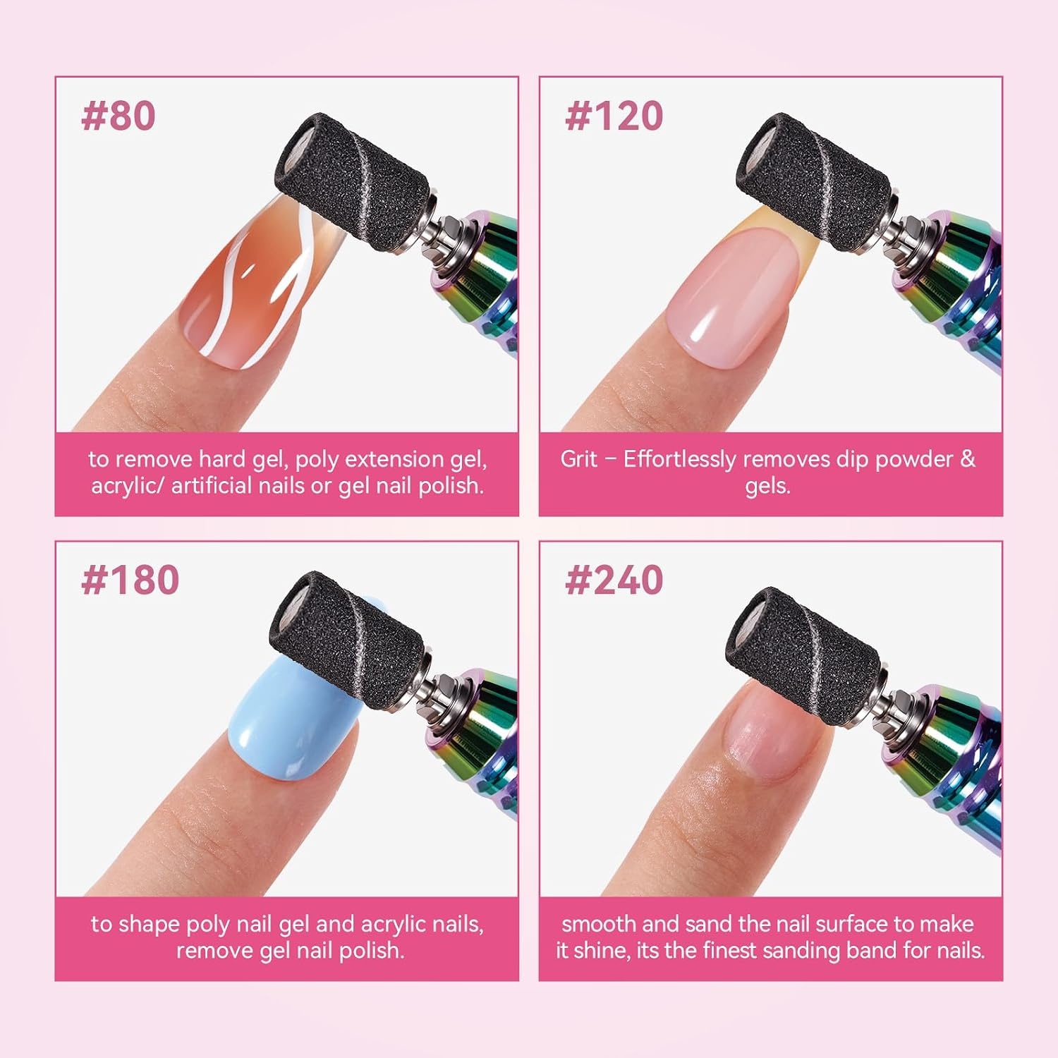 image:imageMakartt Sanding Bands for Nail Drill 100 Pcs Nail File Sanding Bands for Drill Bits 120 Medium Grits for Acrylic Nails Gel Removing and Shaping Upgrade Thicker Durable Sanding Drill Bit PinkBlack