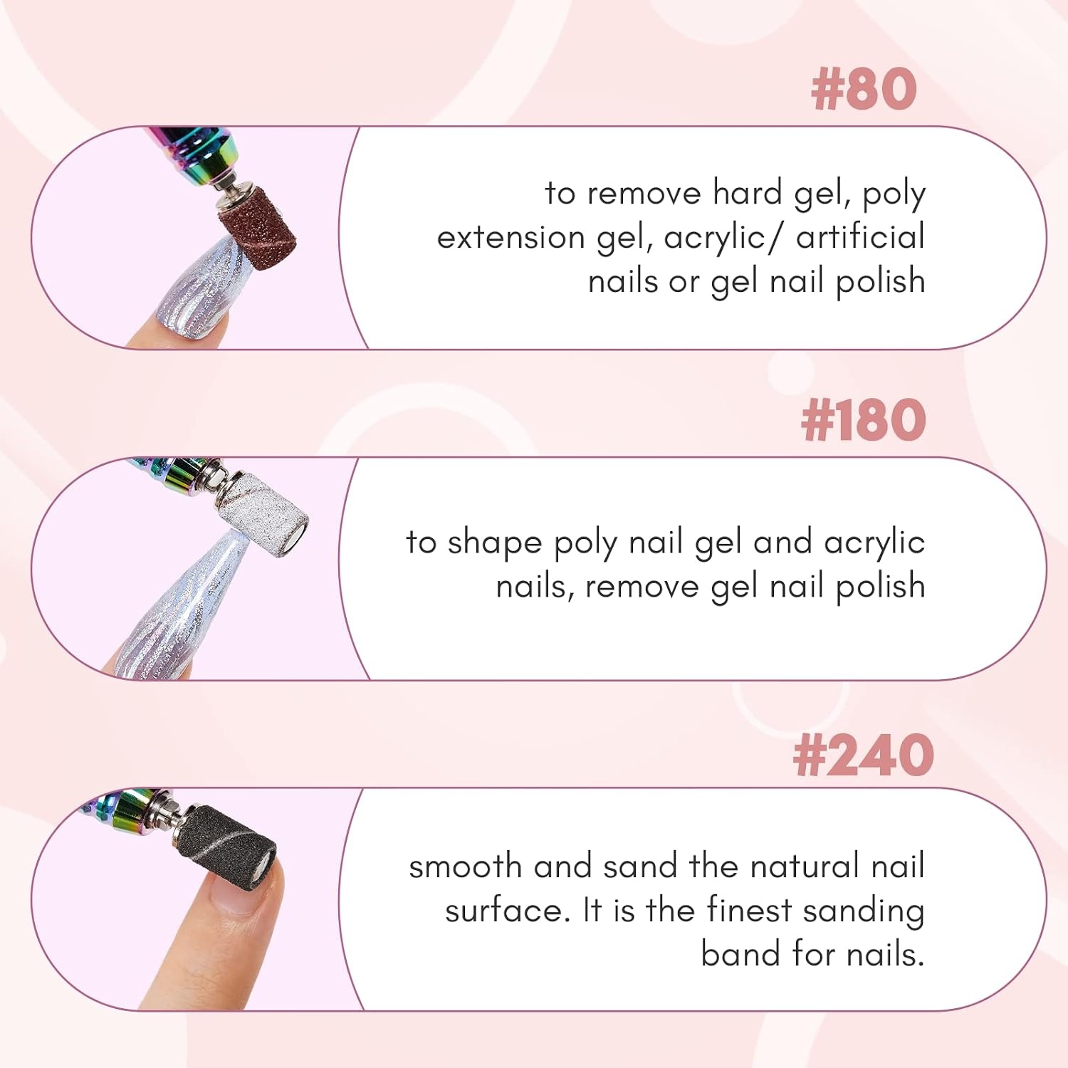 image:imageMakartt Sanding Bands for Nail Drill 100 Pcs Nail File Sanding Bands for Drill Bits 120 Medium Grits for Acrylic Nails Gel Removing and Shaping Upgrade Thicker Durable Sanding Drill Bit PinkBlack