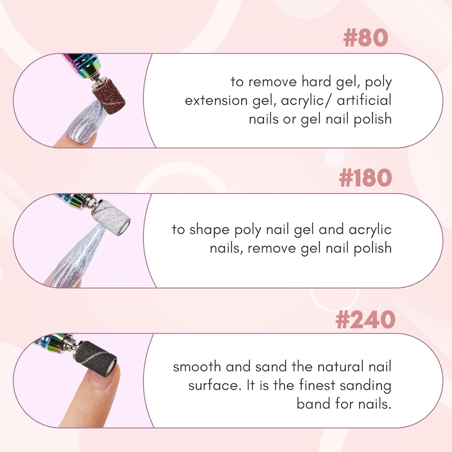 image:imageMakartt Sanding Bands for Nail Drill 100 Pcs Nail File Sanding Bands for Drill Bits 120 Medium Grits for Acrylic Nails Gel Removing and Shaping Upgrade Thicker Durable Sanding Drill Bit PinkWhite