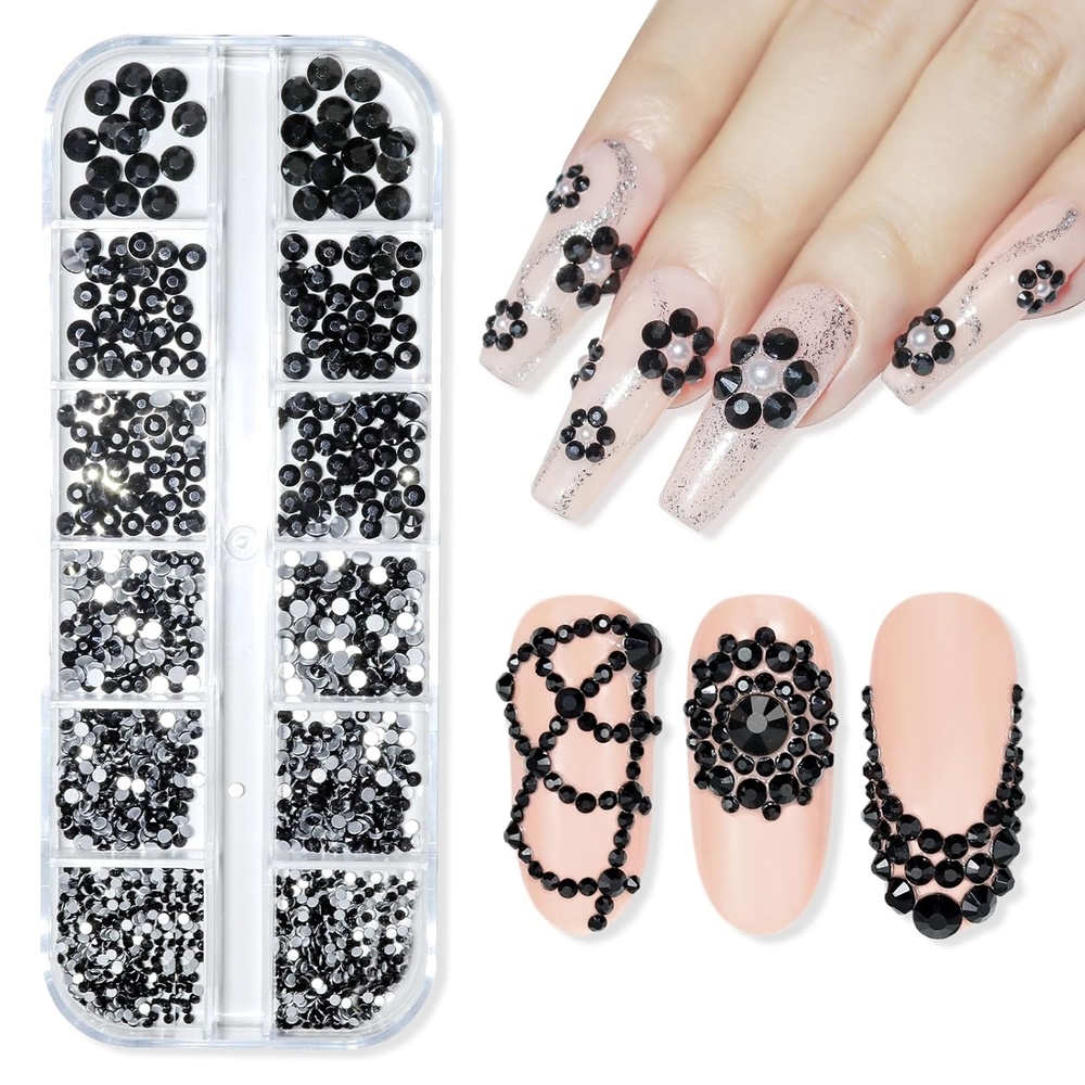 image:imageMakartt 1110 Pcs Rhinestones Set Black Round MultiSize Glass or Crystal for DIY Crafts Nail Art Supplies Accessories Christmas GiftA8 Nail Decoration Black Rhinestone